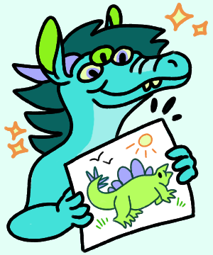 Cartoon dragon holding a drawing of a stegosaurus with stars around