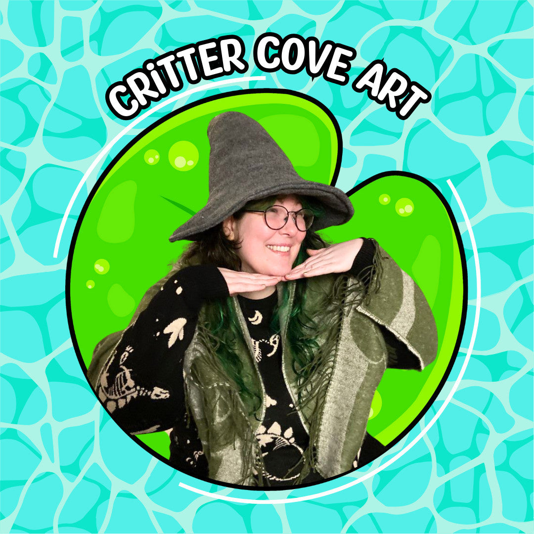 Person wearing a large hat with 'Critter Cove Art' text on a colorful background